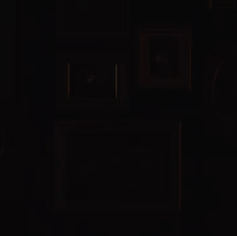 Dimly lit interior with blurred shapes, suggesting a room with dark walls, a framed picture, and indistinct objects in soft focus.