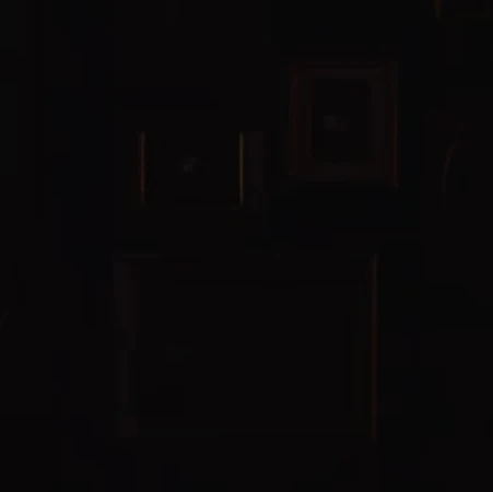 Dimly lit interior with blurred shapes, suggesting a room with dark walls, a framed picture, and indistinct objects in soft focus.