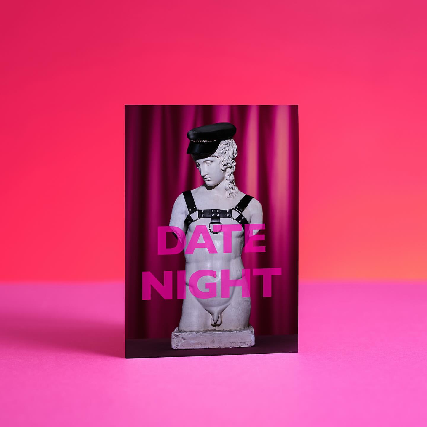 Statue with BDSM gear, pink curtains and bright pink background. 'Date Night' text in pink letters is super-imposed on the image.