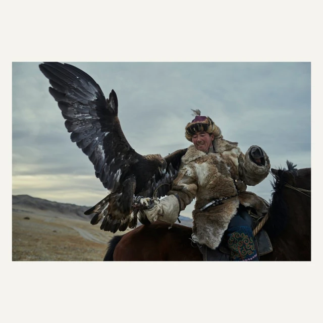 Mongolian eagle hunter on horseback holds a golden eagle, wearing a traditional fur coat with a mountainous, grassy landscape in the background.