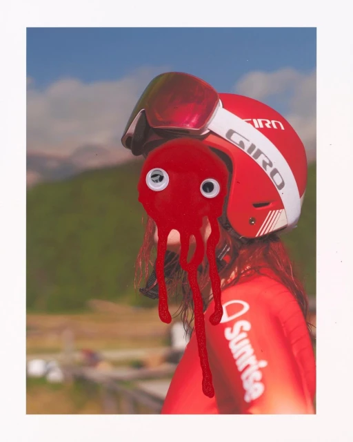 A surreal image of a person wearing a red Giro ski helmet with a red octopus attached, set against a mountain landscape under a bright sky.