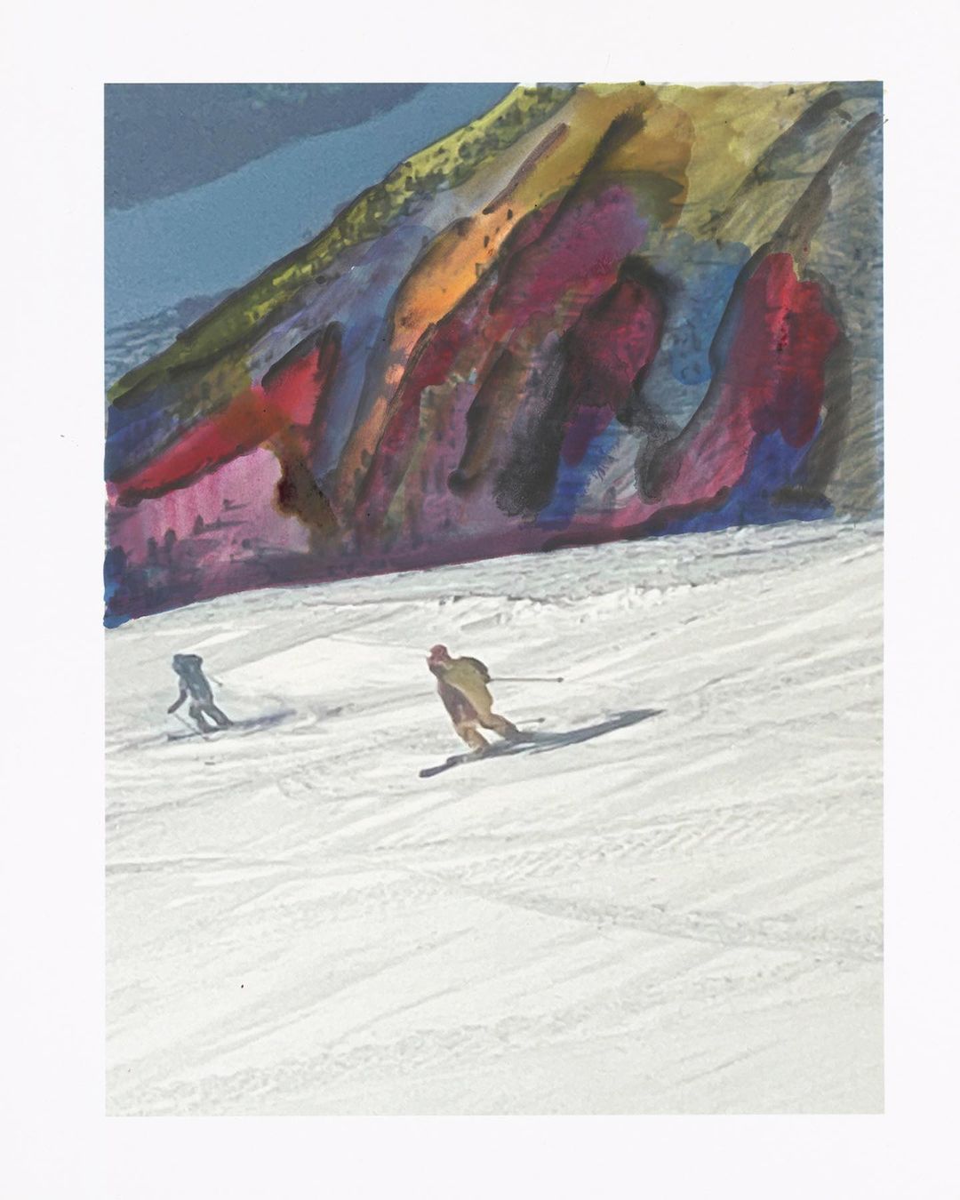 Two skiers descend a snow-covered slope in a dynamic illustration with vibrant colors highlighting the mountain and snowy landscape.