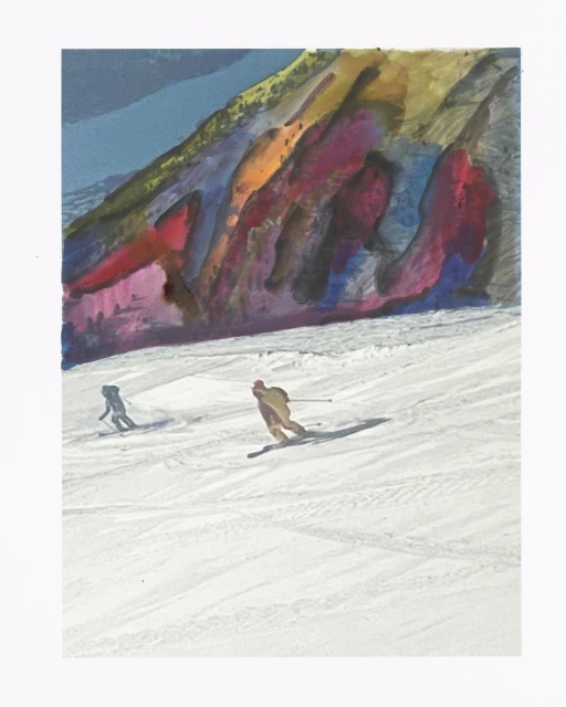 Two skiers descend a snow-covered slope in a dynamic illustration with vibrant colors highlighting the mountain and snowy landscape.