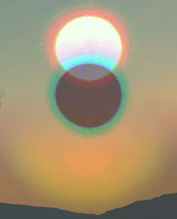 Sun with ethereal aura over a dark mountain silhouette during sunset, creating a serene and abstract nature landscape.