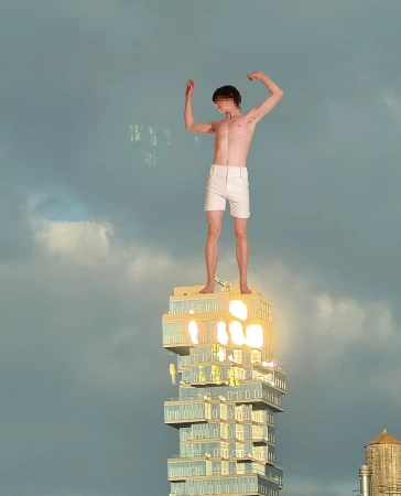 Man standing shirtless atop a skyscraper with arms raised against a cloudy sky; modern architecture and urban setting; golden sunlight highlights.