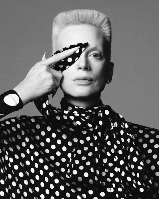 Black and white portrait of an adult female with short, platinum blonde hair, wearing a black and white polka dot top, covering one eye.