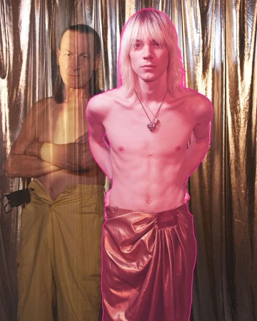 Two men in front of a textured backdrop. One man stands in the foreground in a wrap skirt, while the other is superimposed behind.
