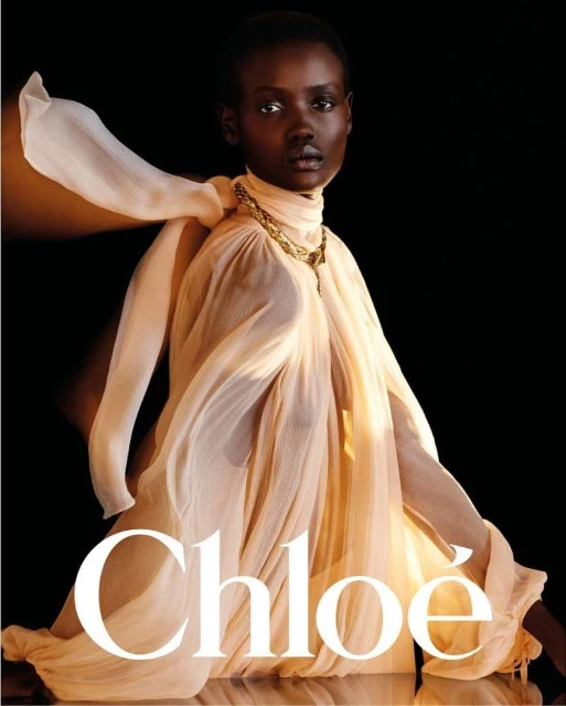 Fashion shot: a Black female model showcases a flowing peach dress and gold necklace against a dark background, emphasizing style and beauty.