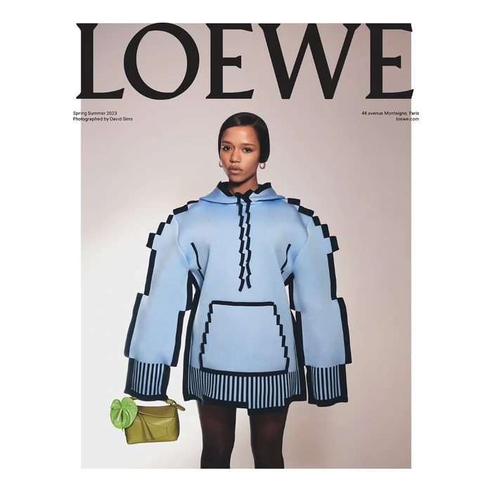 Model wearing a blue pixelated hoodie holding a green handbag in a fashion portrait photographed by David Sims
