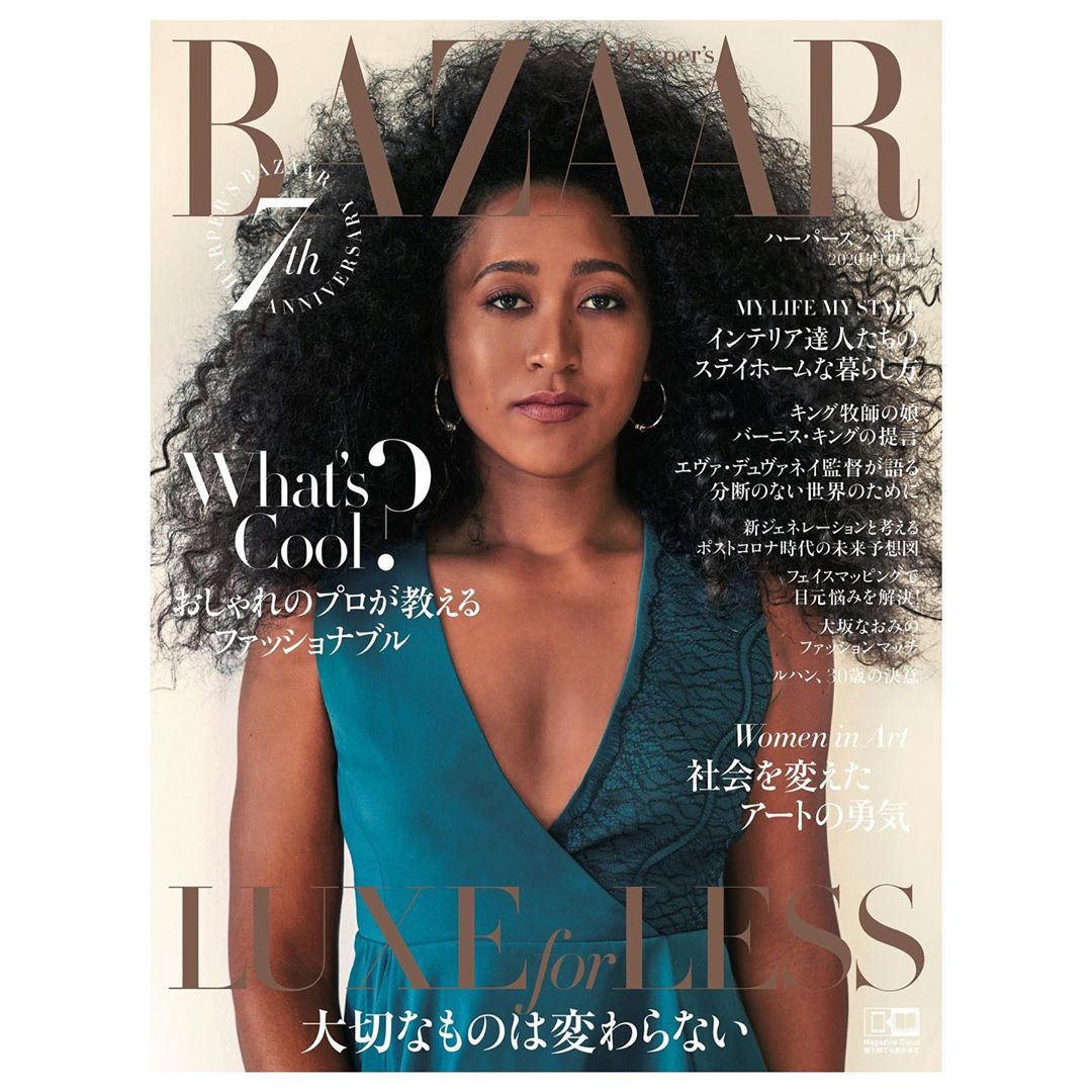 Magazine cover featuring a portrait of Naomi Osaka against a cream backdrop, showcasing the Bazaar 7th Anniversary edition with stylish teal dress.