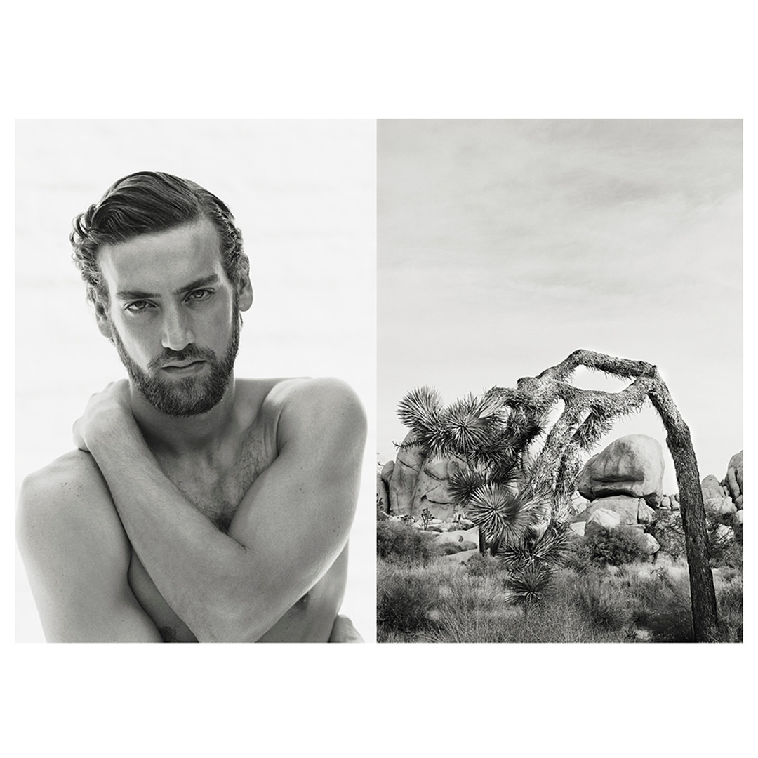 Monochrome portrait of a shirtless man juxtaposed with a desert landscape featuring a Joshua tree and rock formations under an overcast sky.