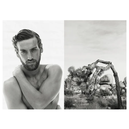 Monochrome portrait of a shirtless man juxtaposed with a desert landscape featuring a Joshua tree and rock formations under an overcast sky.