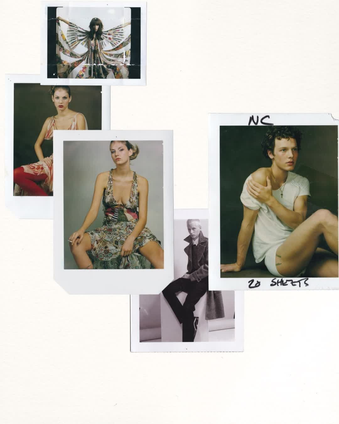 Collage of Polaroid photos featuring fashion models wearing various outfits in indoor settings, captured with natural lighting and a candid style.