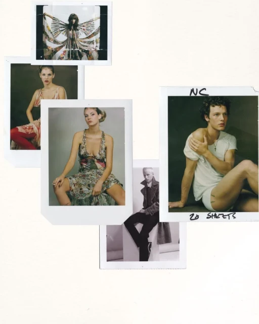 Collage of Polaroid photos featuring fashion models wearing various outfits in indoor settings, captured with natural lighting and a candid style.