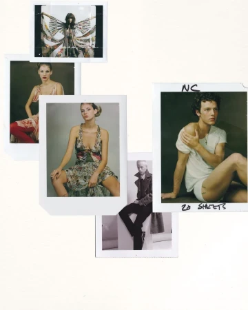 Collage of Polaroid photos featuring fashion models wearing various outfits in indoor settings, captured with natural lighting and a candid style.