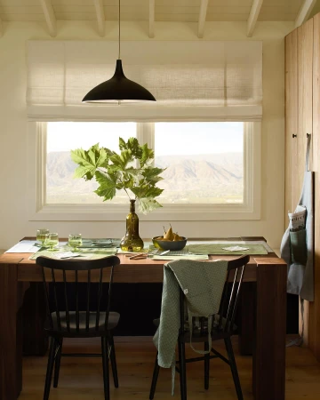 Dining room interior featuring a wooden table set with green placemats, glassware, fruit bowl, a plant, and black chairs, daylight view.