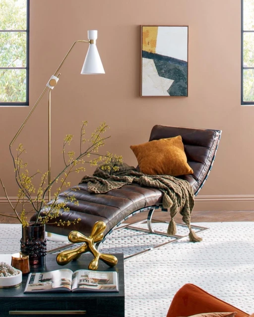 Living room setup featuring a brown leather chaise lounge with a throw pillow, a modern floor lamp, and decorative objects on a coffee table.
