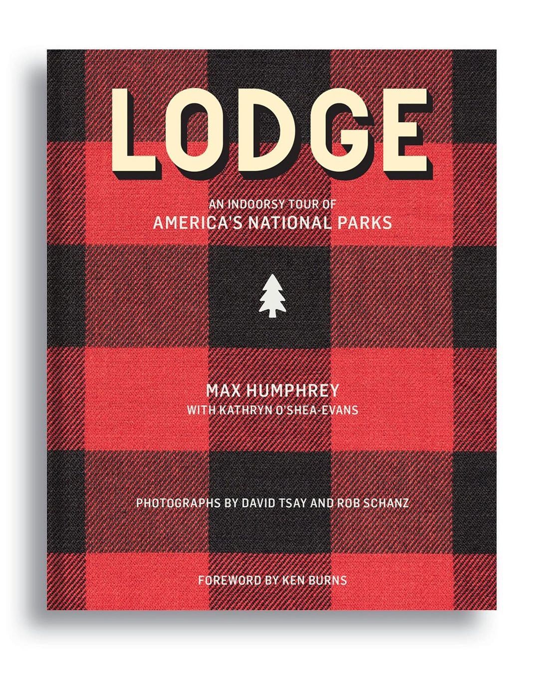 Book cover featuring a red and black plaid design with the title 'Lodge' and a tree symbol, promoting America's National Parks.