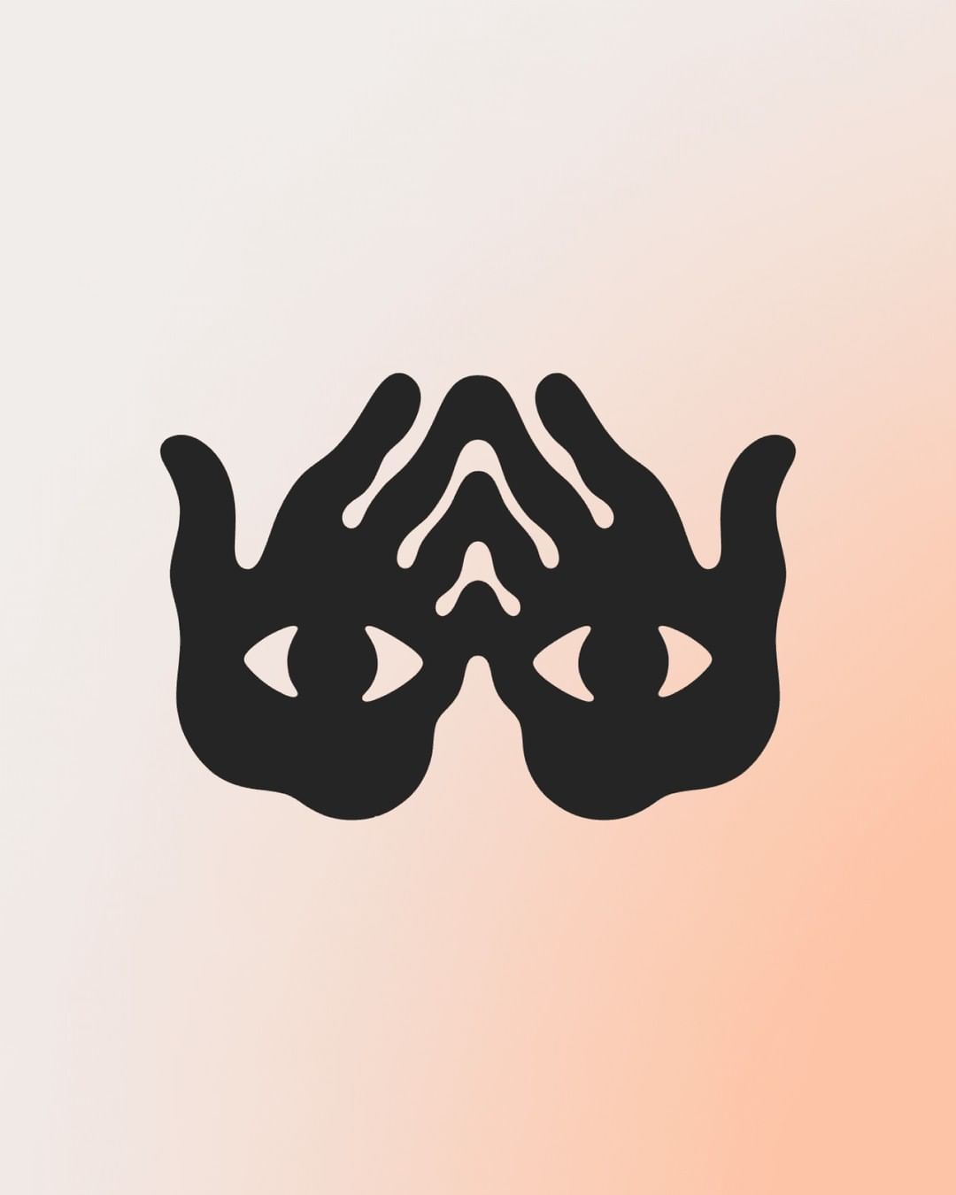 Graphic art of two stylized black hands forming eye shapes on peach and white gradient background with simple and symmetrical design.