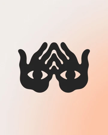 Graphic art of two stylized black hands forming eye shapes on peach and white gradient background with simple and symmetrical design.