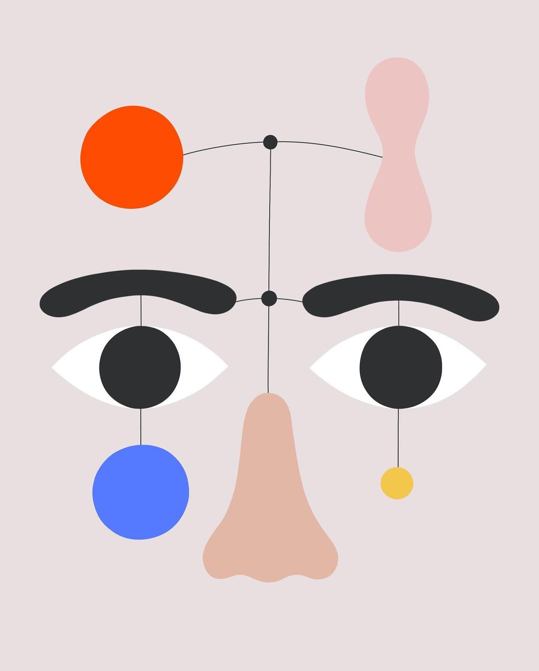Abstract face graphic art with colorful geometric shapes and lines forming facial features on a light beige background, modern art.