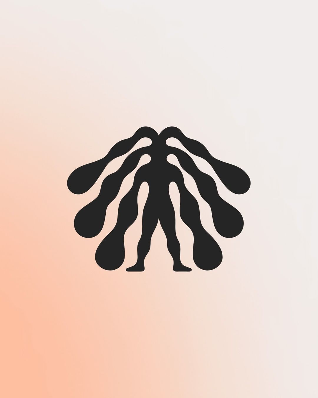 Abstract black graphic silhouette of a human figure with wavy extensions radiating from the head and limbs on a gradient background.