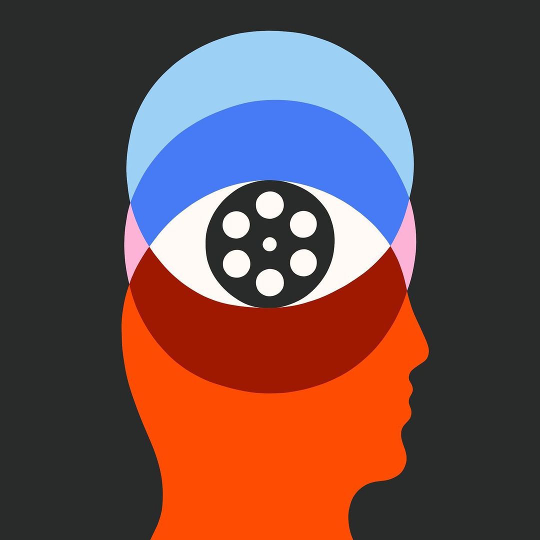 Abstract illustration of a person's head profile with an eye containing a film reel, overlaid with overlapping translucent circles.