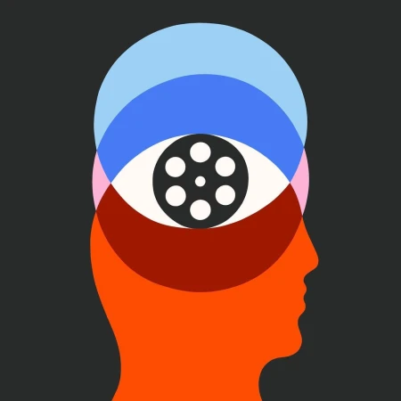 Abstract illustration of a person's head profile with an eye containing a film reel, overlaid with overlapping translucent circles.