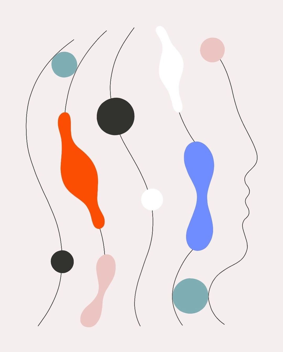 Abstract art graphic: human face profile silhouette with floating colorful shapes and lines in front of pale background.