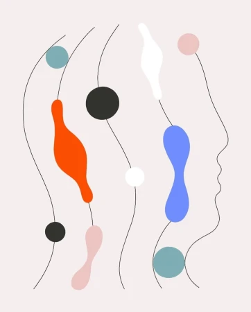 Abstract art graphic: human face profile silhouette with floating colorful shapes and lines in front of pale background.