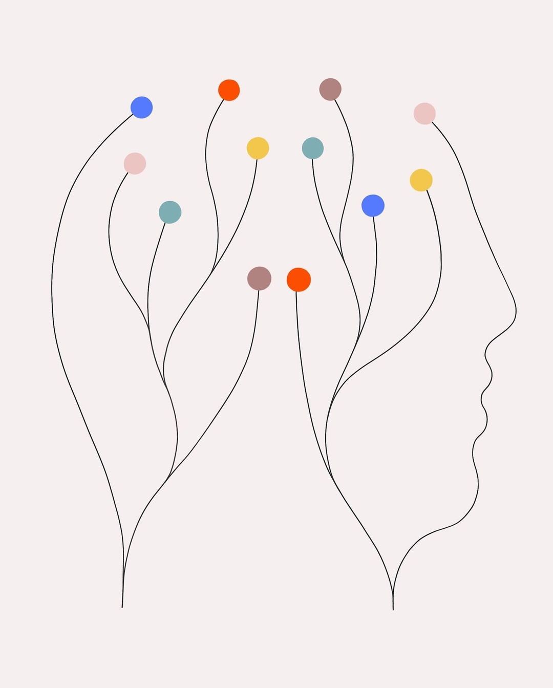 Graphic illustration with face profile and tree-like branches with colorful circles on top, against a light pink background.