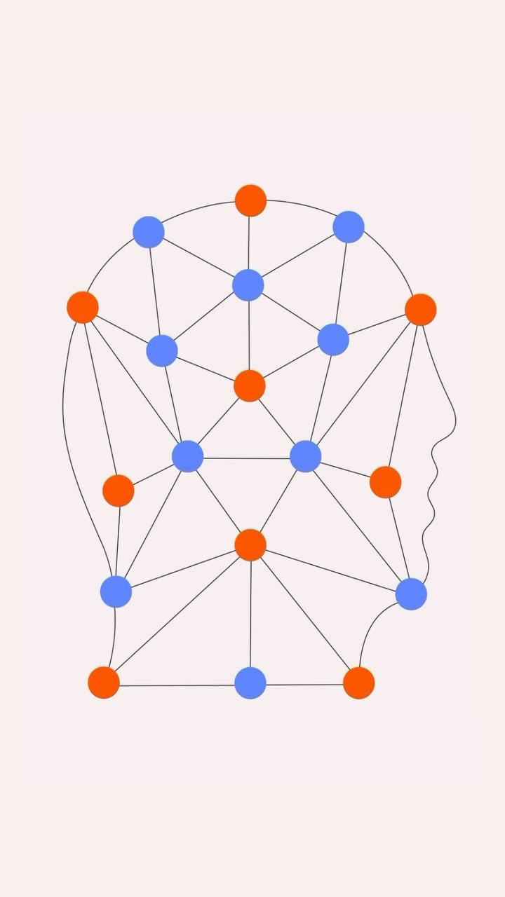 Illustration of a human head silhouette with interconnected blue and orange dots and lines, set against a light peach-colored background.