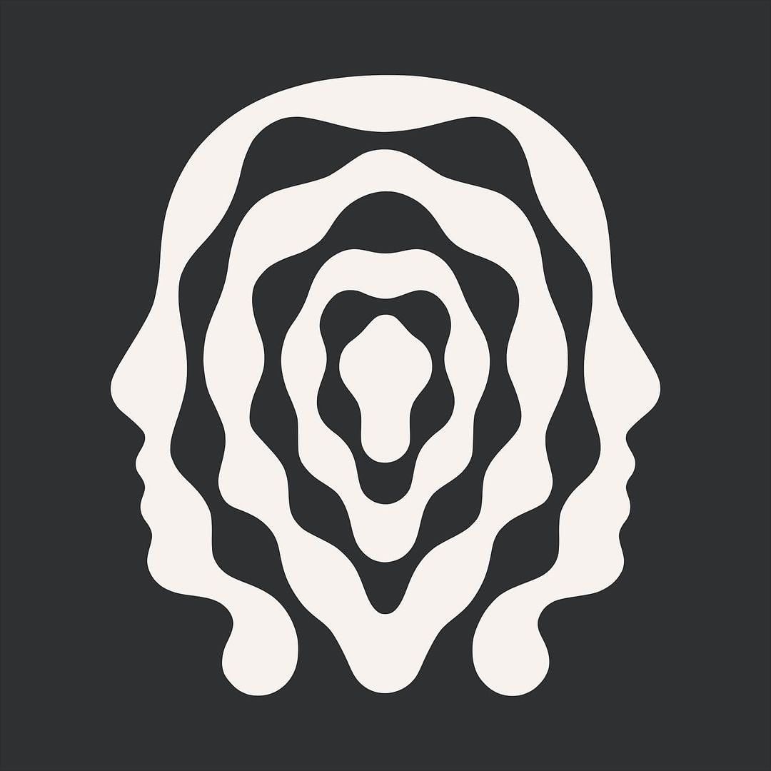 Monochrome illustration of a symmetrical composition featuring nested human head profiles outlined in negative space on a dark gray background.