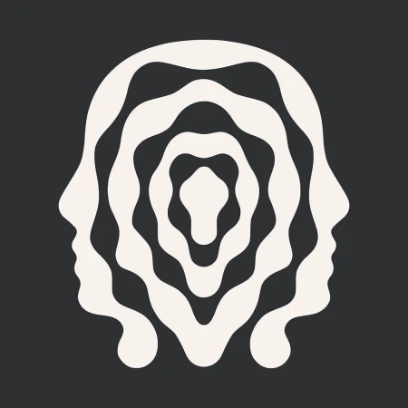 Monochrome illustration of a symmetrical composition featuring nested human head profiles outlined in negative space on a dark gray background.