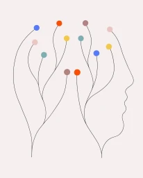 Minimalist line art illustration of a human profile with branching stems and colourful dot terminals on a pale background