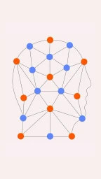 Minimalist digital illustration of a human profile outlined with geometric nodes and blue and orange dots by David Vanadia.