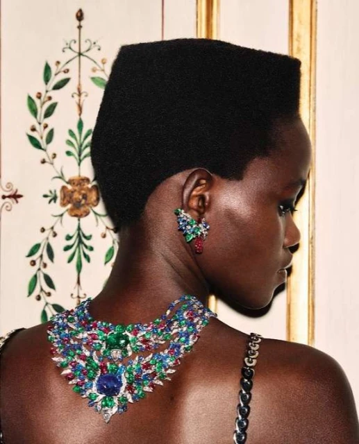 Profile view of an adult woman with jewelry. The woman has dark skin, short black hair, and wears large jeweled earrings and necklace.