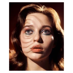Close-up portrait of a woman with colorful eyeshadow and spiral shadow projected across her face by photographer David Vasiljevic.