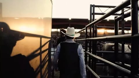 A cowboy in a white hat walks through a metal enclosure toward the light, with cattle visible in the background.