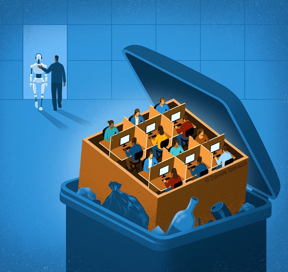 Illustration of office workers inside of a trash bin, with one person being led away by a robot, on a blue background.