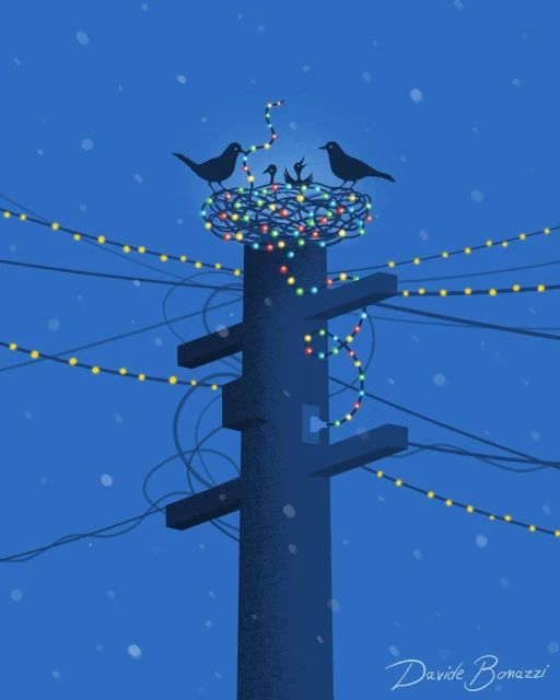 Illustration of birds nesting on a utility pole decorated with colorful lights against a blue background with falling snow.