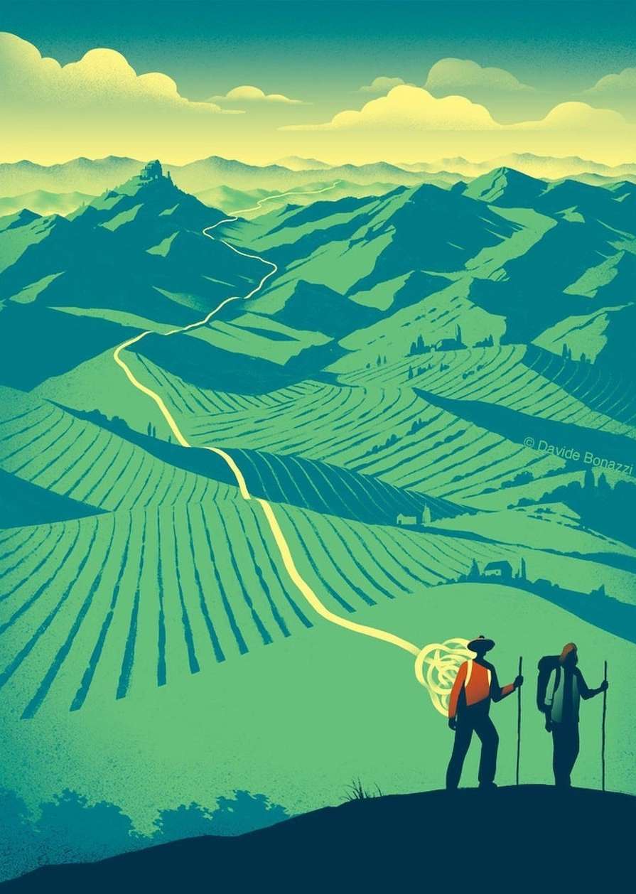 Illustration of two hikers with backpacks on a hilltop overlooking a green valley with fields, distant mountains, and a winding path.