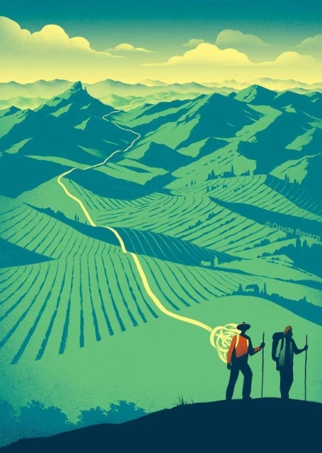 Illustration of two hikers with backpacks on a hilltop overlooking a green valley with fields, distant mountains, and a winding path.