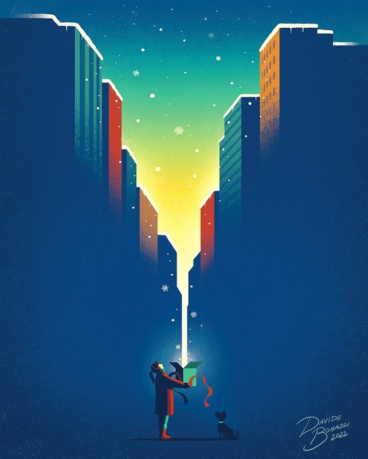 Illustration of a woman opening a glowing gift box with a cat in a snowy urban setting; stylized cityscape with falling snowflakes.
