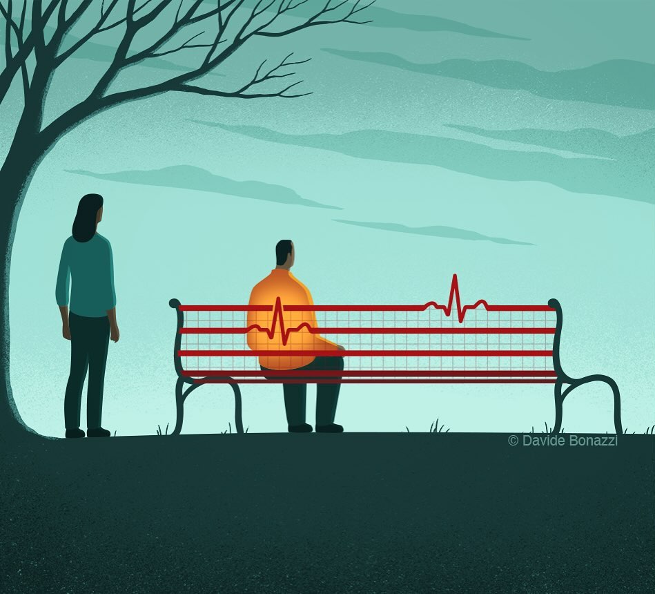 Illustration depicting an adult man sitting on a red park bench with a red heart rhythm graphic, while an adult woman stands nearby.