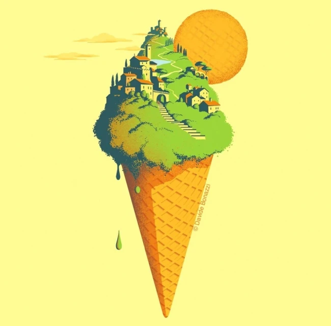 Illustration of a Tuscan village on an ice cream cone against a pale yellow background with a diffused sun. Conceptual travel art.