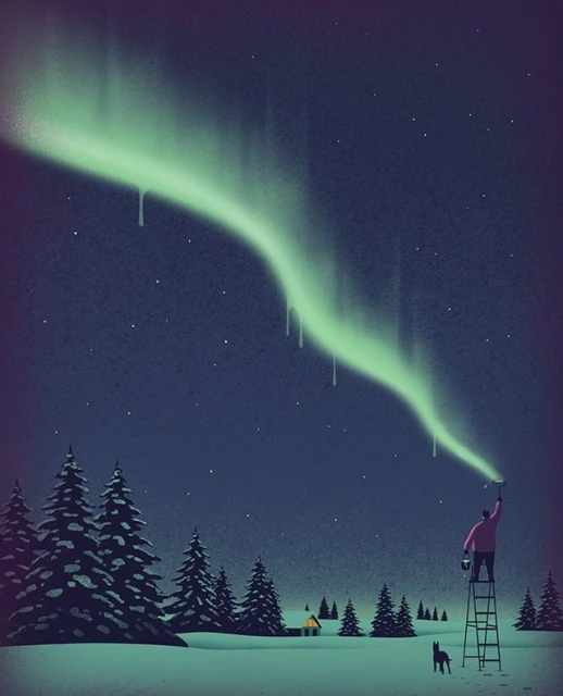Digital art of a person on a ladder painting the aurora borealis over a snowy landscape with pine trees, a house, and a dog.