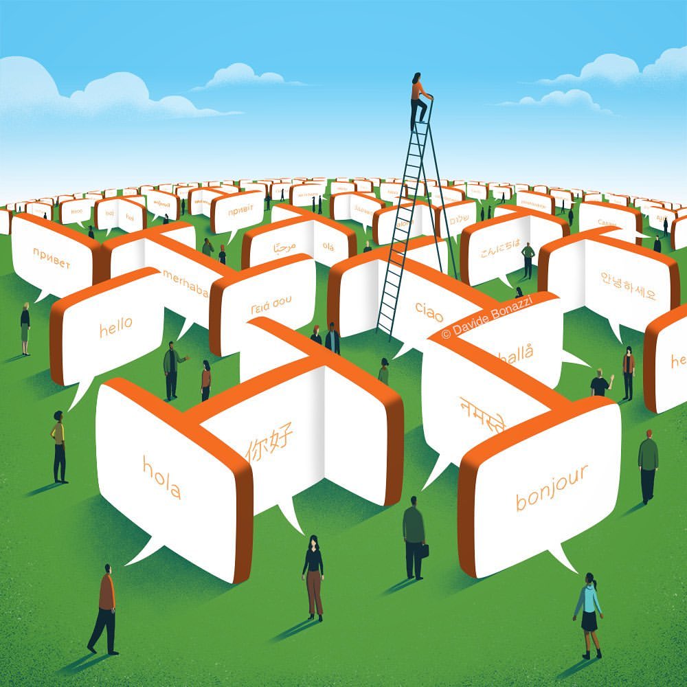 Illustration of a crowd of people amidst large speech bubbles with the word "hello" in different languages, set against a green field.