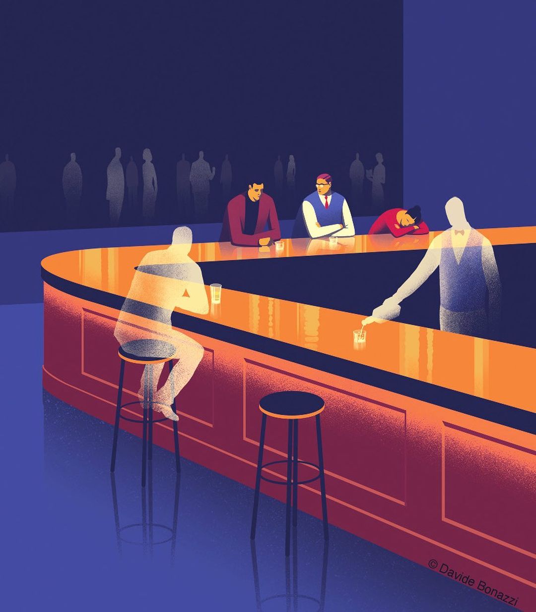 Illustration of a bar scene with several patrons, including one asleep, and a bartender preparing a drink at a curved counter with stools.