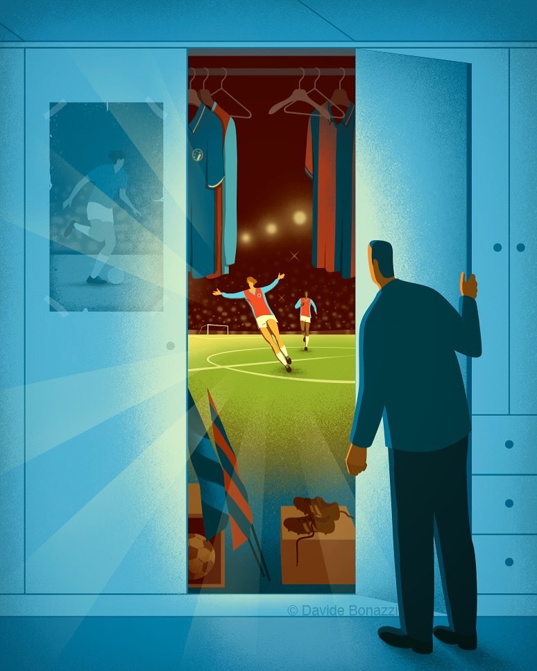 Illustration of a man looking into an open wardrobe revealing a soccer stadium scene with players, soccer jerseys, and a ball.